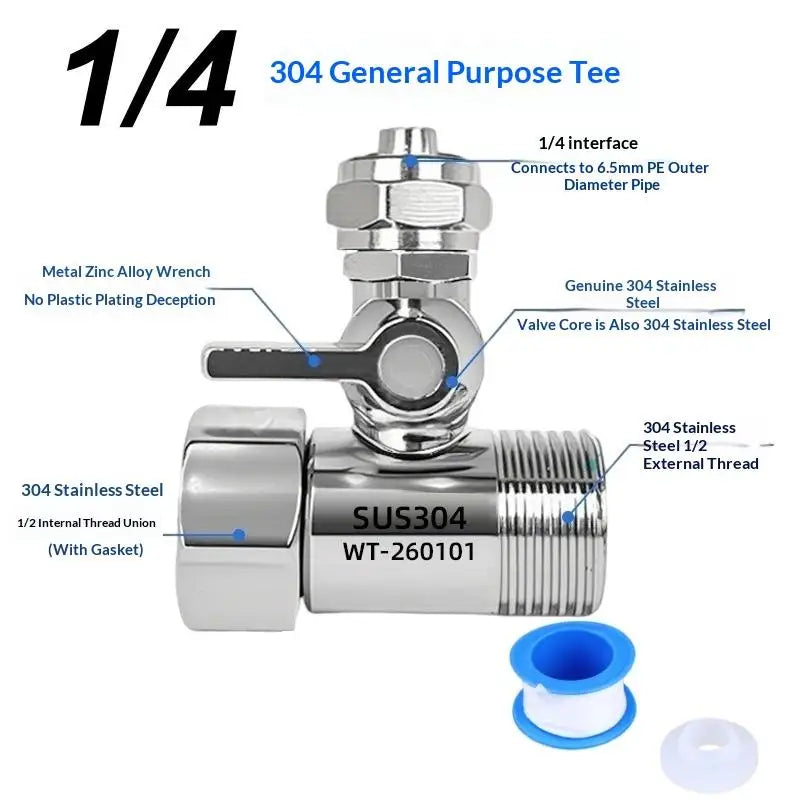 1 Set Tap Tee B Cold Hot Water Pipes Home Accessories 1/2" To 1/4"3/8" With Shut-Off Ball Valve RO Feed Water Adapter