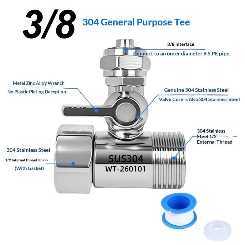 1 Set Tap Tee B Cold Hot Water Pipes Home Accessories 1/2" To 1/4"3/8" With Shut-Off Ball Valve RO Feed Water Adapter